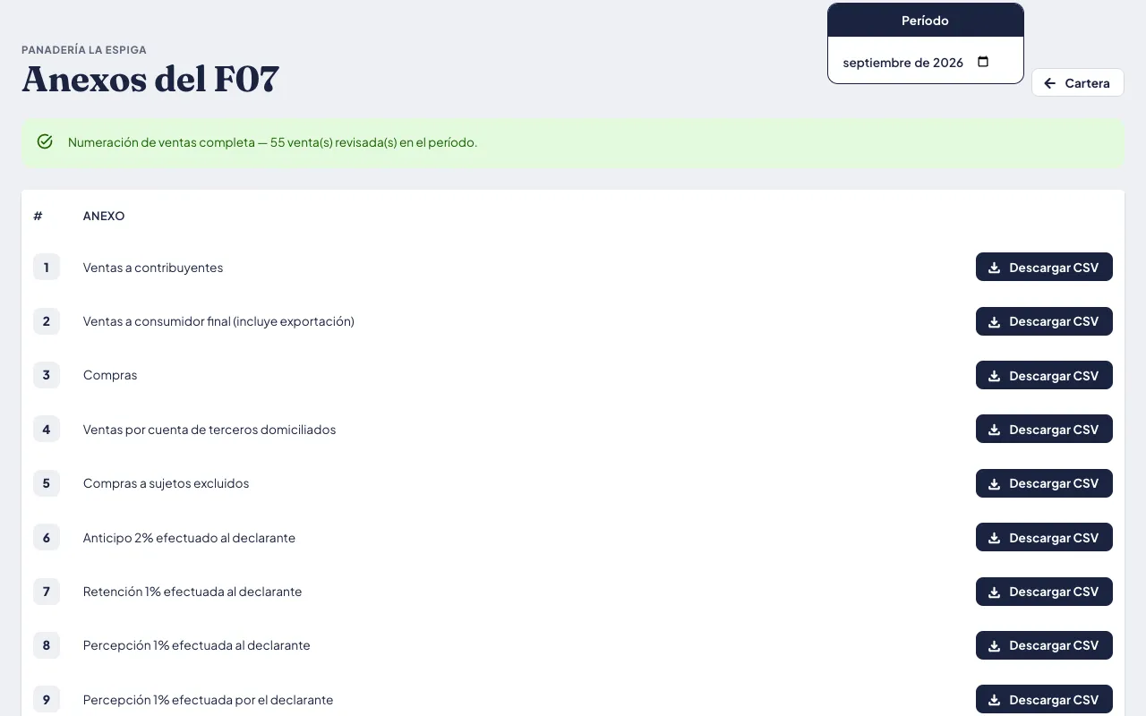 Anexos del F07 de un cliente de ejemplo en SIGAT para septiembre de 2026: la revisión de la numeración de ventas y la lista de anexos, cada uno con su botón para descargar el CSV.